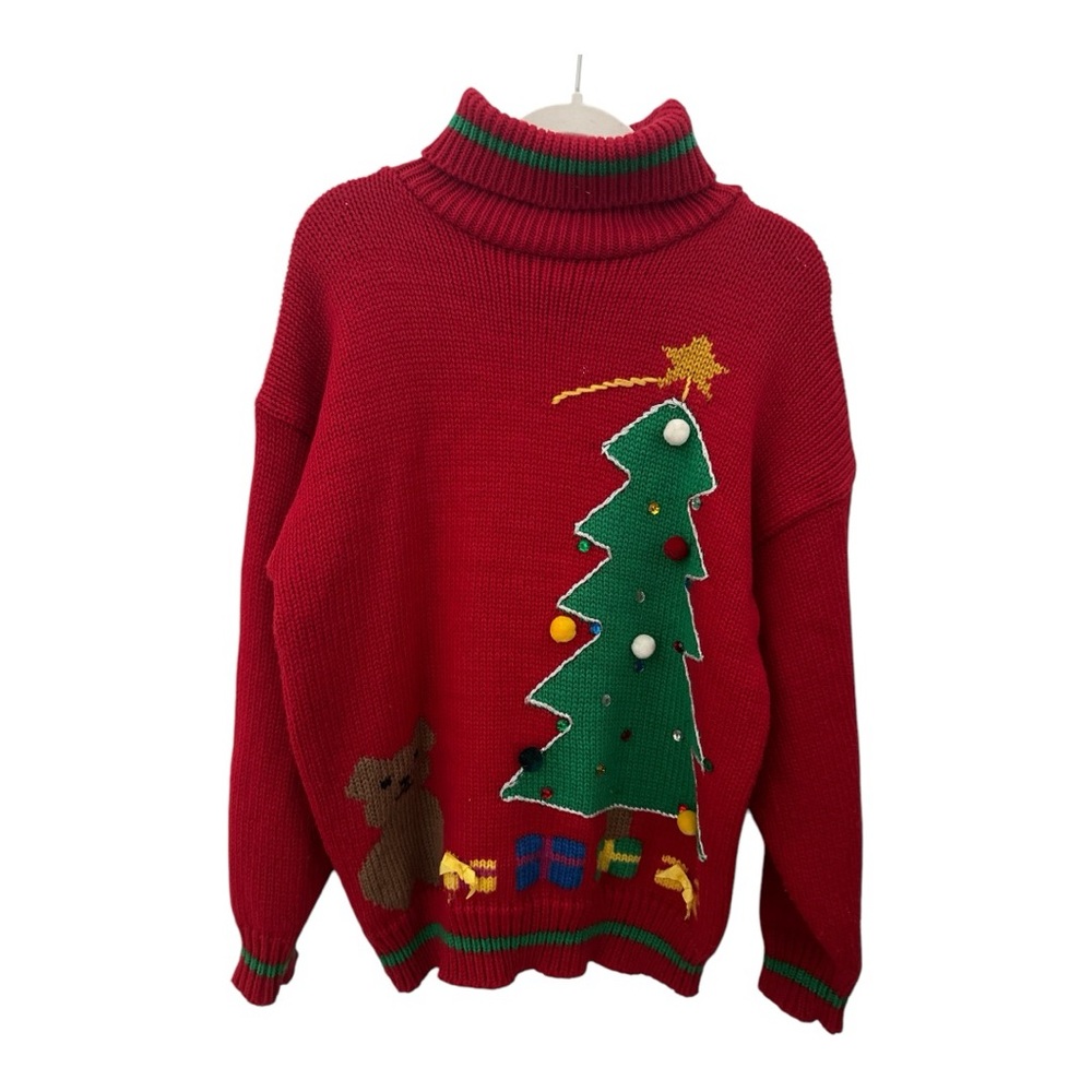 Rare Y2K  Vintage Bravo Ugly Christmas Sweater Womans Size   L Tree Bear Red